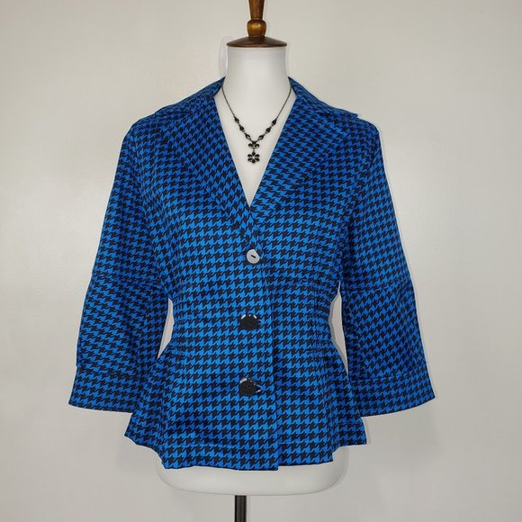 Joan Rivers Blue Black Houndstooth Button Front Blazer With Shirring Detail S - Picture 14 of 14